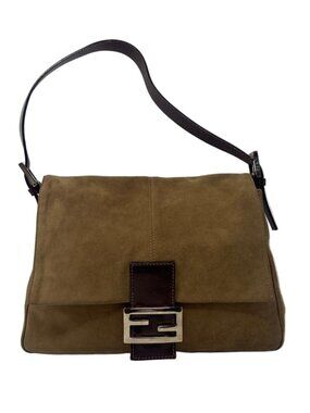 Fendi Brown Suede Baguette Bag with Chocolate leather strap & silver FF closure